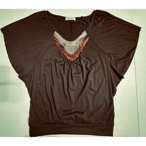 Sushi Flower Brown Sequin Embellished Neckline Blouse Top Dolman Short Sleeve M